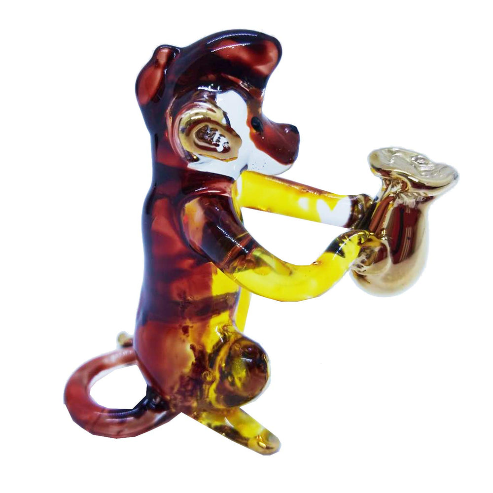 2 Tall Crystal Monkey Holding a Gold Bag Miniature Figurine Lucky Animal Blown Glass Collectible