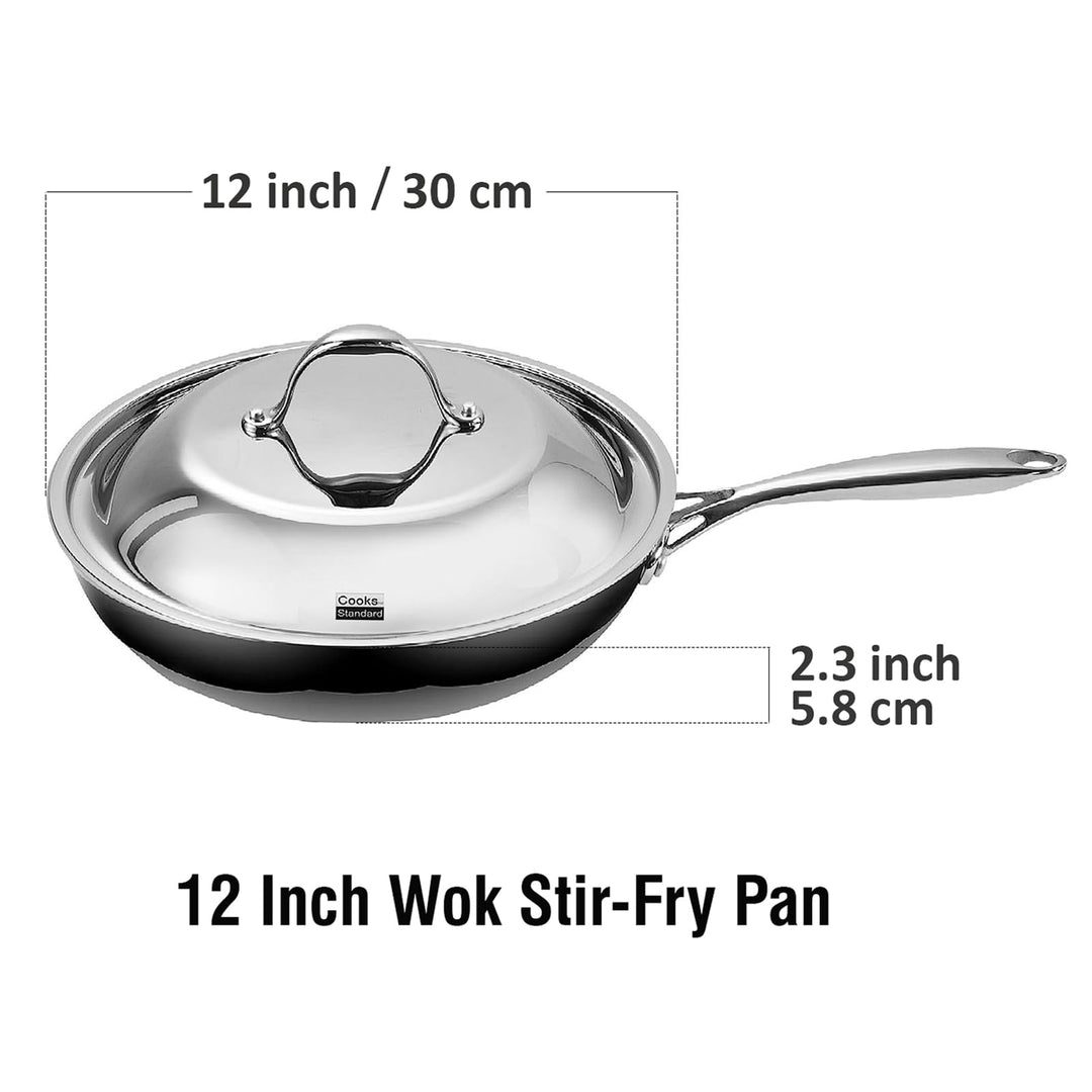 Stainless Steel Frying Pan 12 Inch, Multi-Ply Full Clad Wok Stir-Fry Cooking Skillet Pans with Dome Lid, Stay-Cool Handle, Dishwasher Safe, Oven Safe 500°F, Silver