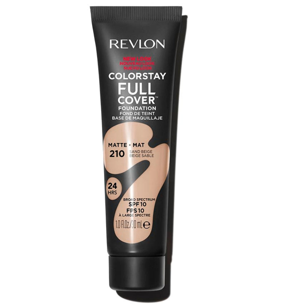 Revlon ColorStay Full Cover Longwear Matte Foundation, Heat &amp; Sweat Resistant Lightweight Face Makeup, Sand Beige (210), 1.0 oz