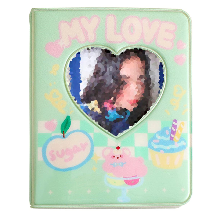 3 Inch Kpop Photocard Holder Book, Mini Photocard Binder with 40 Pockets, Cute Photo Album with Love Heart Hollow, Photocard Id Holder (Green)