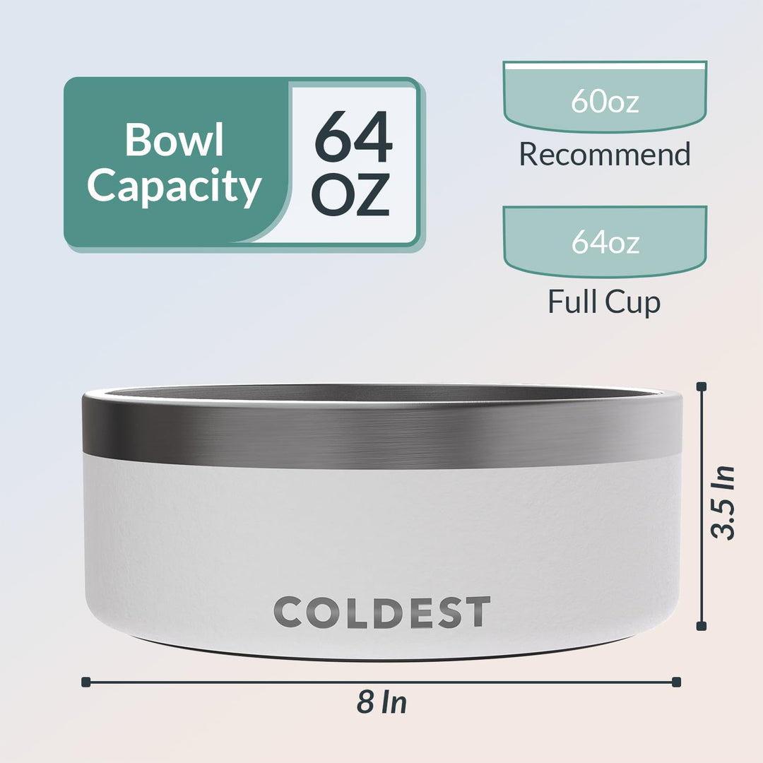 Coldest Dog Bowl - Anti Rust Metal, Non Slip, 3 Layers Insulated Stainless Steel Dog Bowls - Spill Proof &amp; Heavy Duty - Water Bowl for Dogs, Cats &amp; Pets, Dish Washer Safe (64 oz, Epic White)