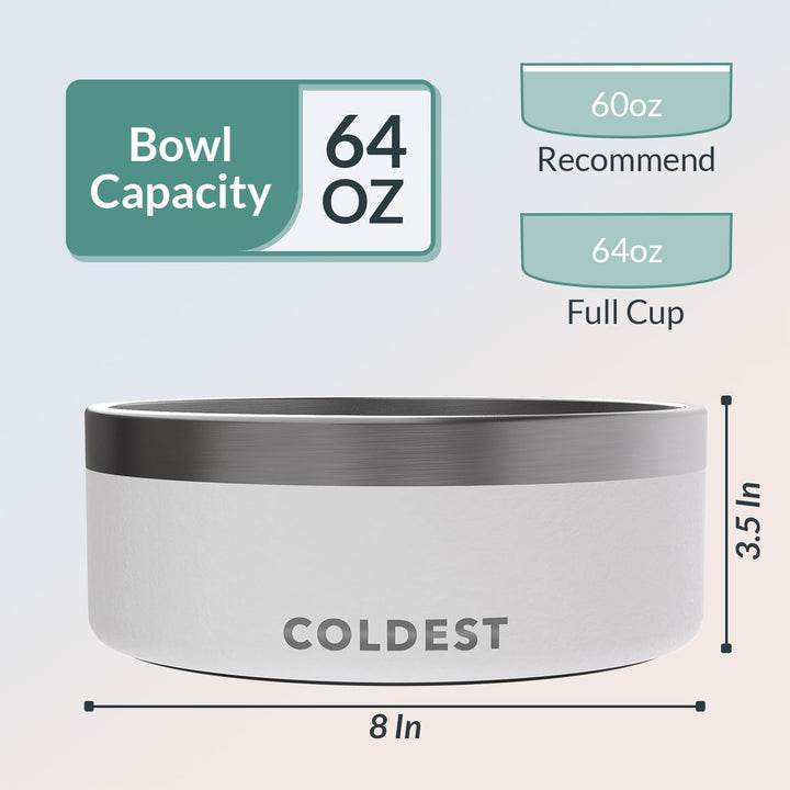 Coldest Dog Bowl - Anti Rust Metal, Non Slip, 3 Layers Insulated Stainless Steel Dog Bowls - Spill Proof &amp; Heavy Duty - Water Bowl for Dogs, Cats &amp; Pets, Dish Washer Safe (64 oz, Epic White)