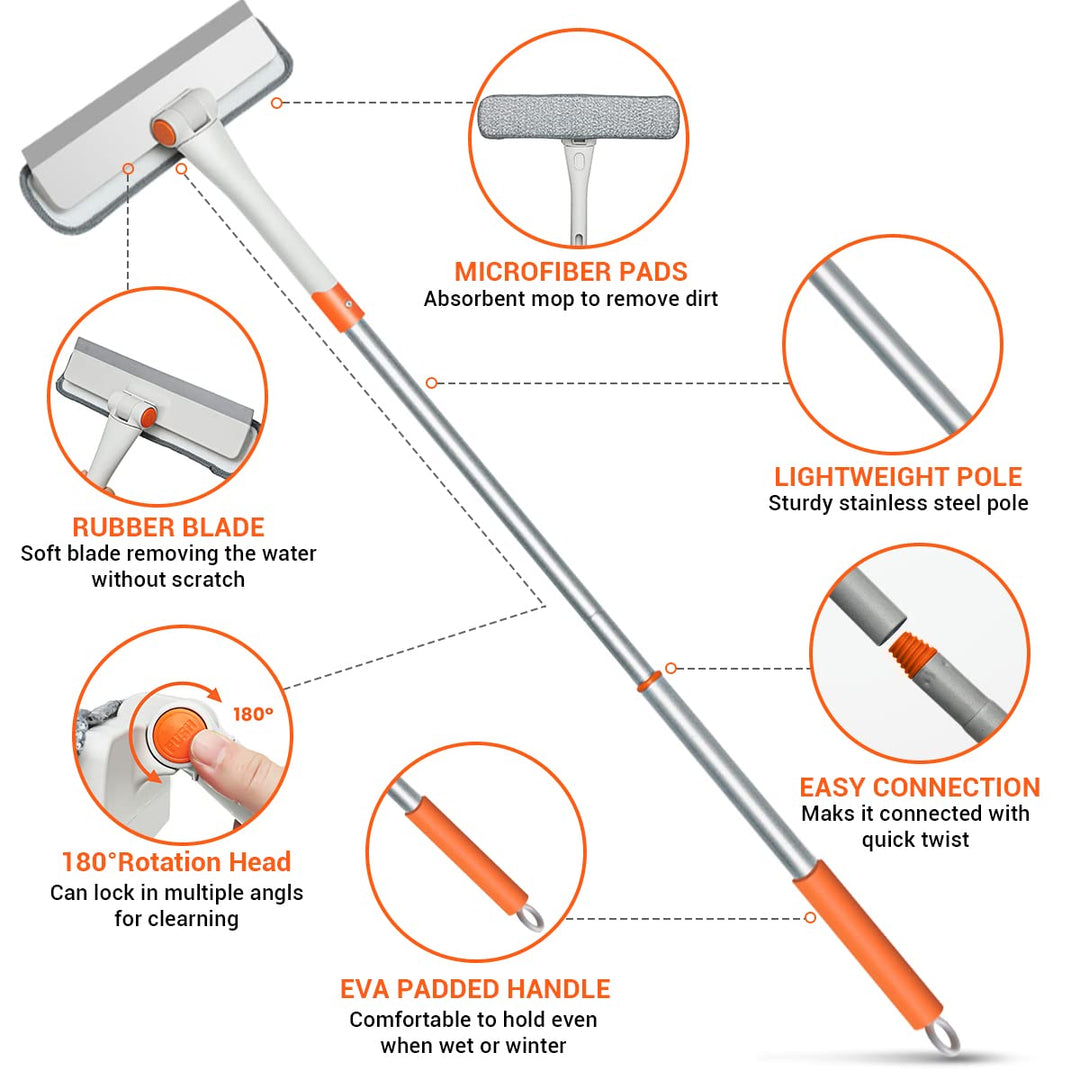 Window Squeegee Cleaner 2 in 1 Window Cleaning Tool with Scrubber Car Windshield Cleaner Kit with Extension Pole Washing Equipment with Microfiber Cloth for Cleaning Indoor/Outdoor Window Glass Door