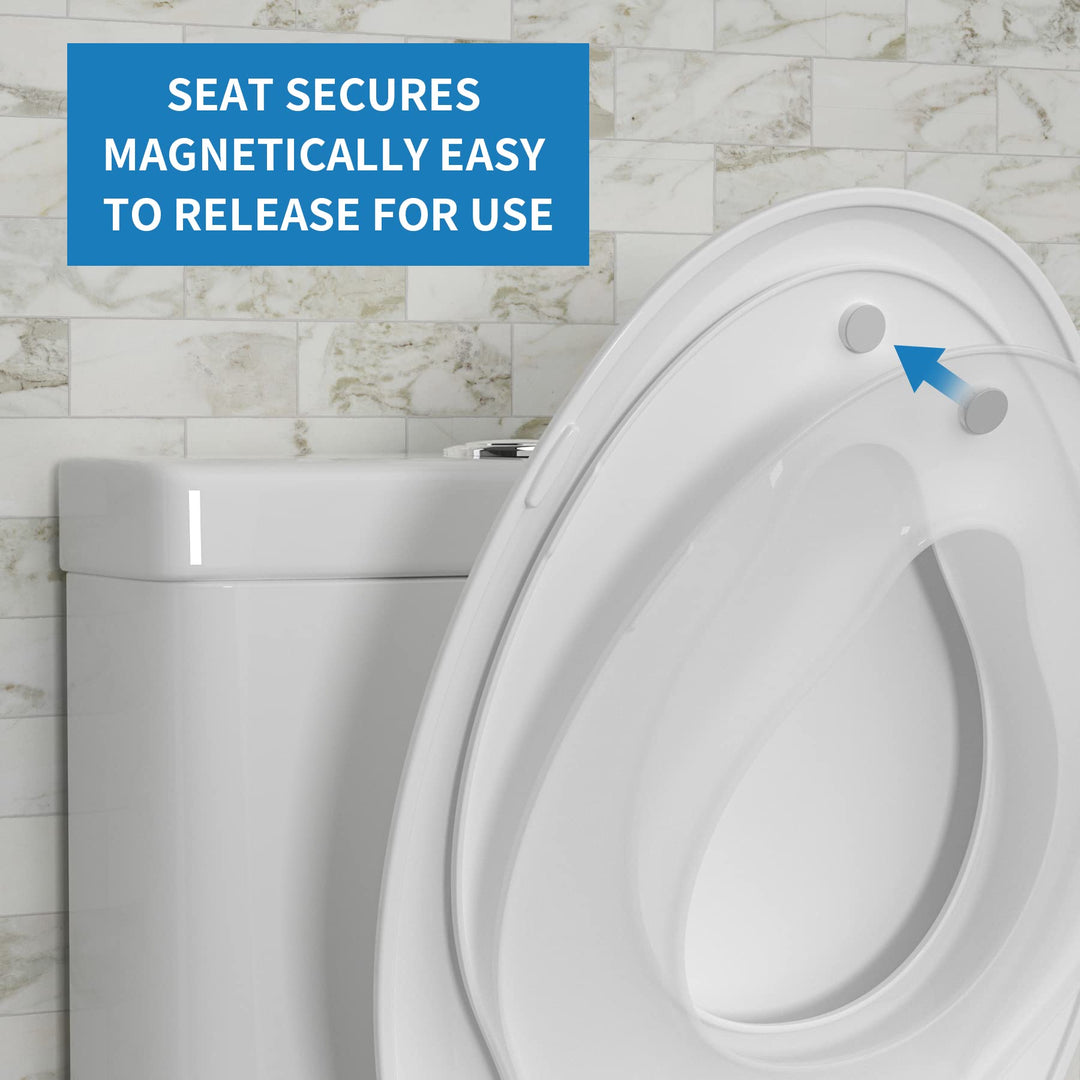 Potty Training Toilet Seat, Built-in Magnetic Seat, Lid with Cover, Never Loosen and Slow Close Convertible Toilet Seat for Kids, Adult and Child (White, Elongated)