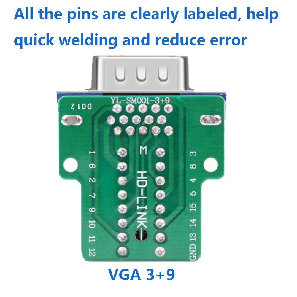 4Packs VGA DB15 3 Row Solderless Male Quick Connector, 3+9 D-SUB 15 Pin Port Terminal Solderfree Breakout Connector Board with Case Accessories Long Bolts