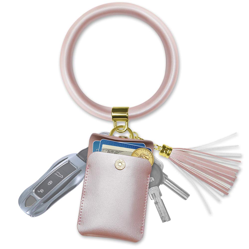 Keychain Bracelet Wristlet Bangle Key Holder Round Keyring Leather Tassel Key Ring Chain (Rose Gold)