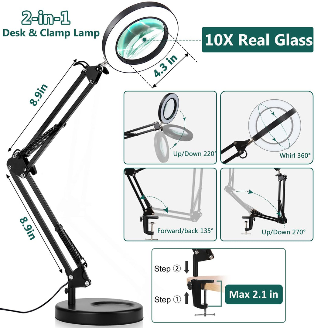 10X Magnifying Glass with Light and Stand, Veemagni 2-in-1 Real Glass Magnifying Desk Lamp & Clamp, 3 Color Modes Stepless Dimmable LED Lighted Magnifier with Light for Hobby Crafts Repair Close Works