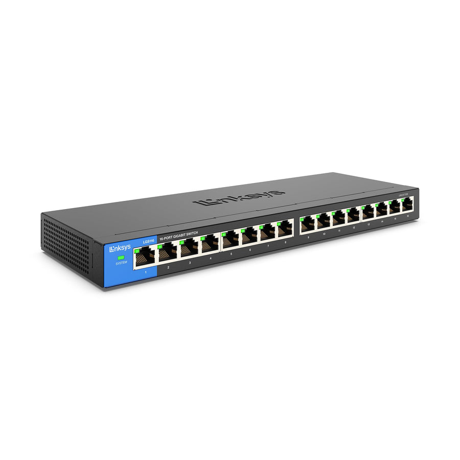 LGS116 16 Port Gigabit Unmanaged Network Switch - Home / Office Ethernet Switch Hub with Metal Housing - Wall Mount or Desktop Ethernet Splitter, Easy Plug & Play Connection