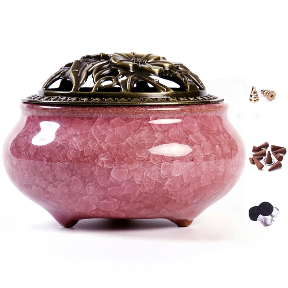 Censer Sky Blue Incense Burner with Calabash Incense Stick Holder - Porcelain Charcoal Censer for Use with Resin Granular Powder Cone or Coil Incense (Violet)