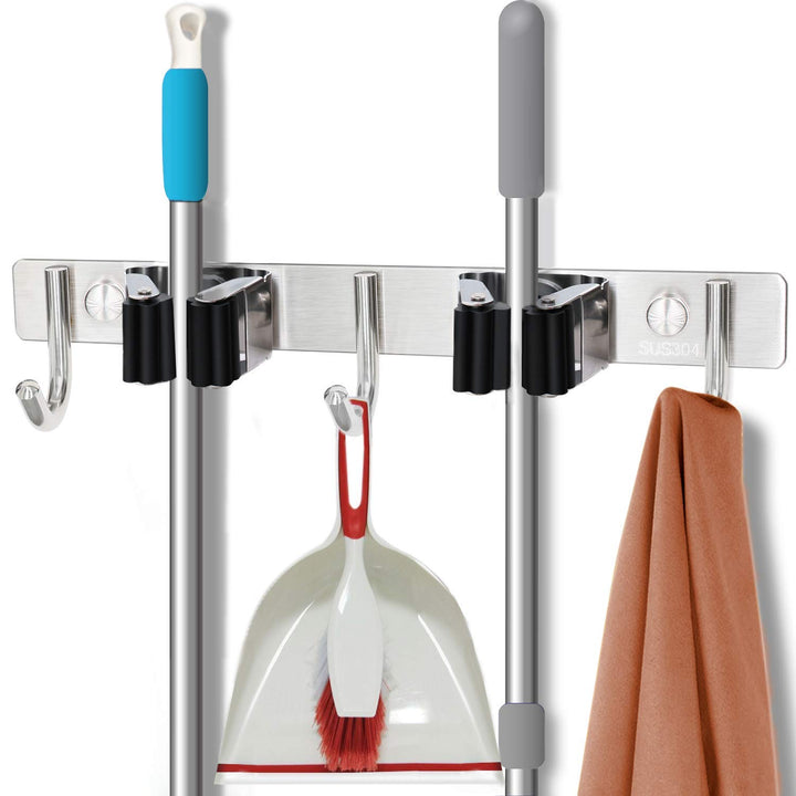 Stainless Steel Broom Mop Holder with 2 Racks and 3 Hooks, Wall Mounted Storage Organizer for Home, Kitchen, Garage, Garden
