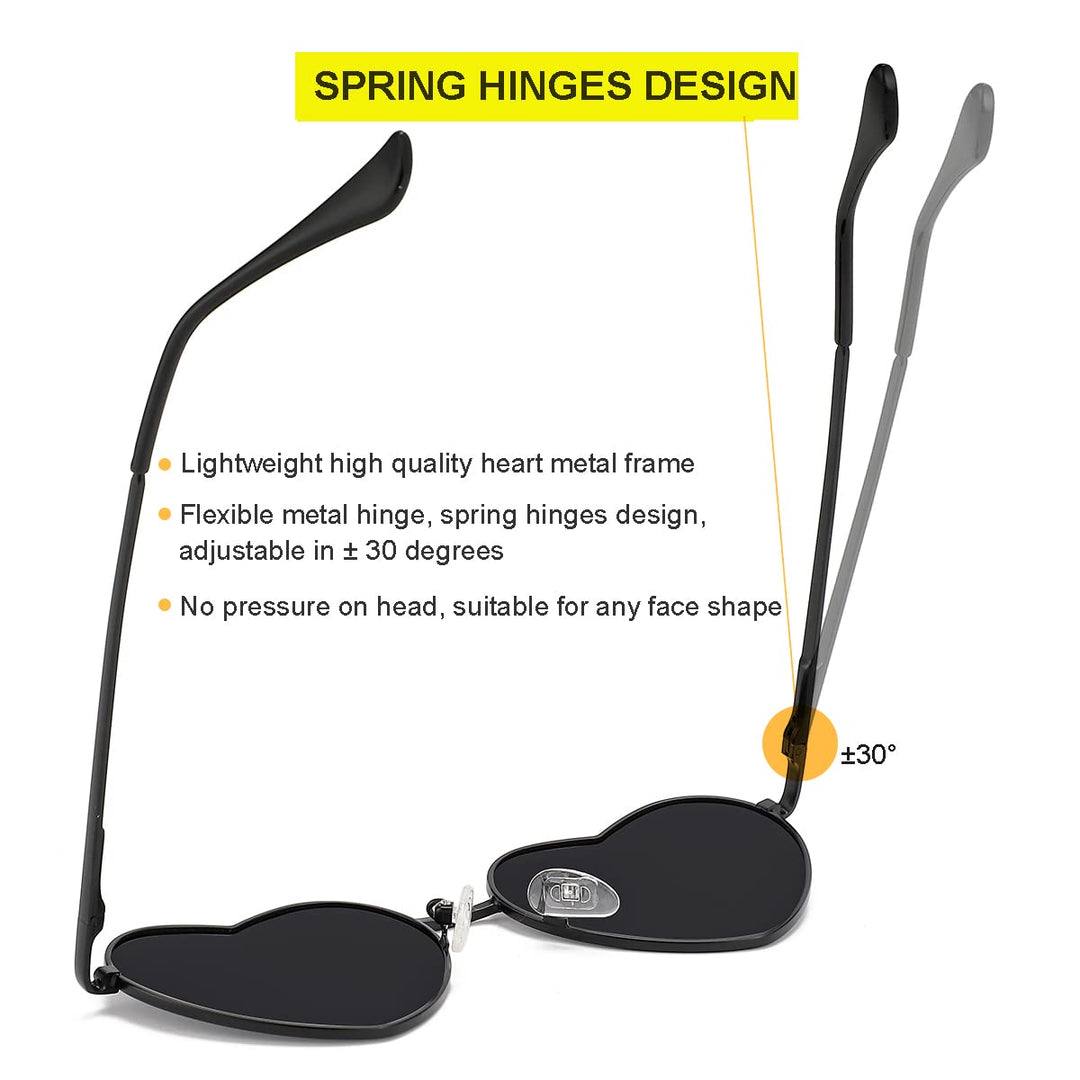 Polarized Heart Sunglasses for Women Fashion Lovely Style Metal Frame UV400 Protection Lens (Black/Grey)