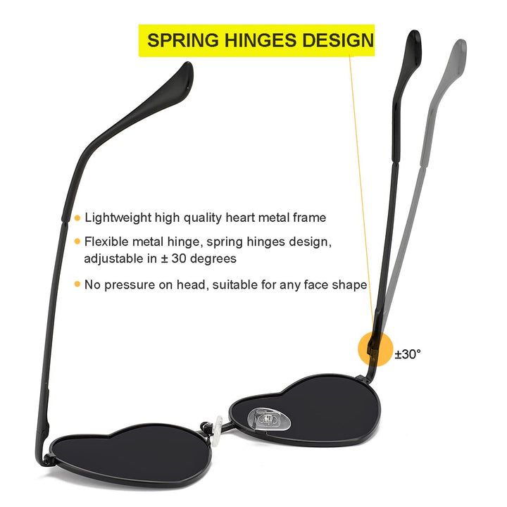 Polarized Heart Sunglasses for Women Fashion Lovely Style Metal Frame UV400 Protection Lens (Black/Grey)