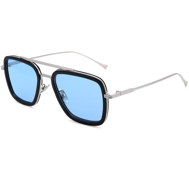 Tony Stark Polarized Sunglasses for Men – Women Vintage Aviator Square Metal Frame Iron Man Edith Glasses (Silver/Blue)