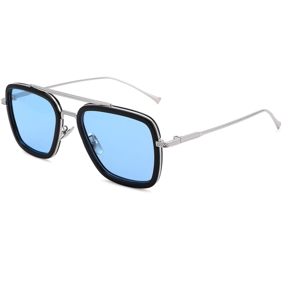 Tony Stark Polarized Sunglasses for Men – Women Vintage Aviator Square Metal Frame Iron Man Edith Glasses (Silver/Blue)