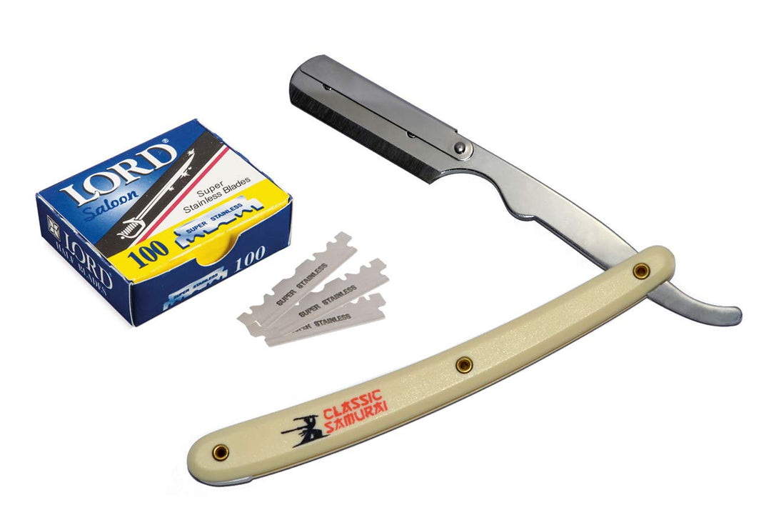 Stainless Steel Professional Barber Straight Edge Razor with 100 Count Derby Single Edge Razor Blades (Cream)