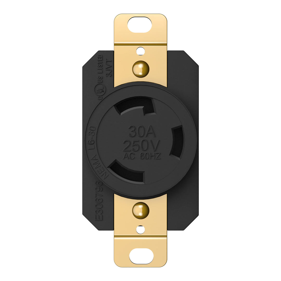 NEMA L6-30R Flush Mounting Locking Receptacle for Generator, Twist Lock Outlet, 30 Amp, 250 Volt, 2 Pole, 3 Wire Grounding, Industrial Grade Heavy Duty, UL Listed, 66460-BK, Black