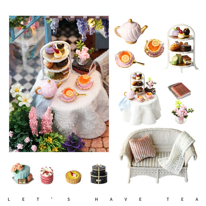 DIY Dollhouse Miniature Kit with Furniture, 3D Wooden Miniature House with Music Box Dollhouse Kit (Garden Tea House)