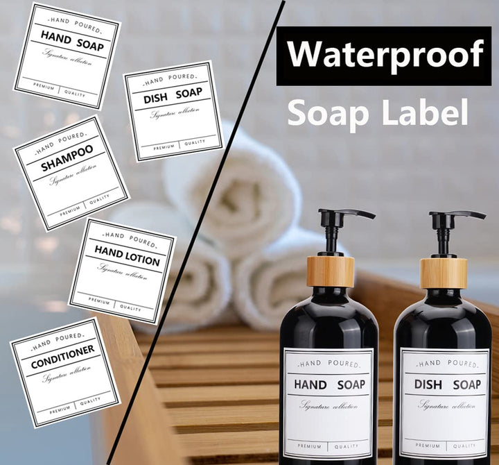 Black Glass Soap Dispenser with Pump 16oz Bottle Set of 2 and Bamboo Tray | Vintage Soap Dispenser with Waterproof Labels Bathroom and Kitchen Set