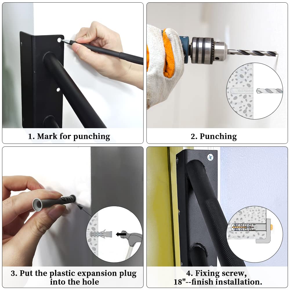 Handrails for Outdoor Steps,1-2 Steps Hand Rails Outside Inside Stairs,18 Wall Mount Outdoor Indoor Stair Railing with Non-Slip Surface-Black(Right)