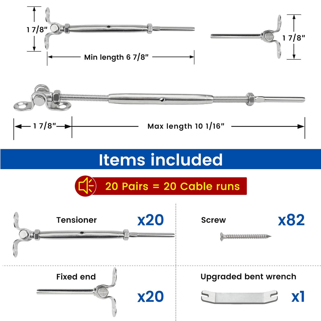 Muzata 20 Pairs Cable Railing Kit 1/8 Swage Toggle Turn
