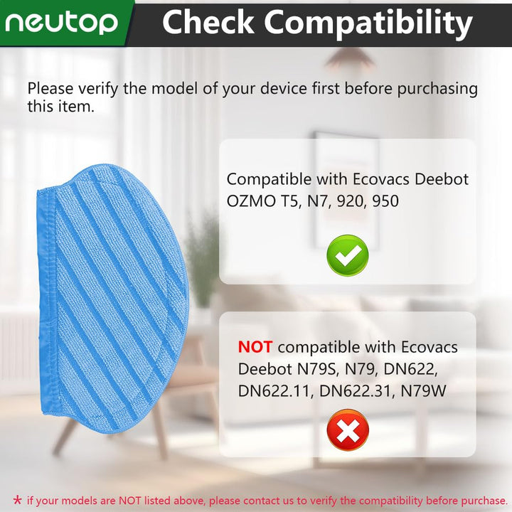 Replacement Microfiber Mopping Pads Compatible with Ecovacs Deebot OZMO T5, N7, 920, 950 Robot Vacuums, 12-Pack.