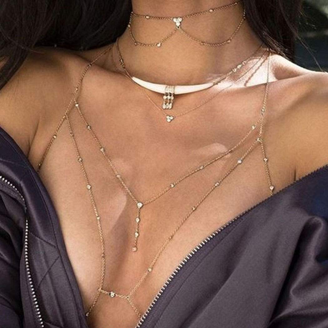 Boho Bra Chains Crystal Body Chain Party Bra Jewelry for Women and Girls(Gold)