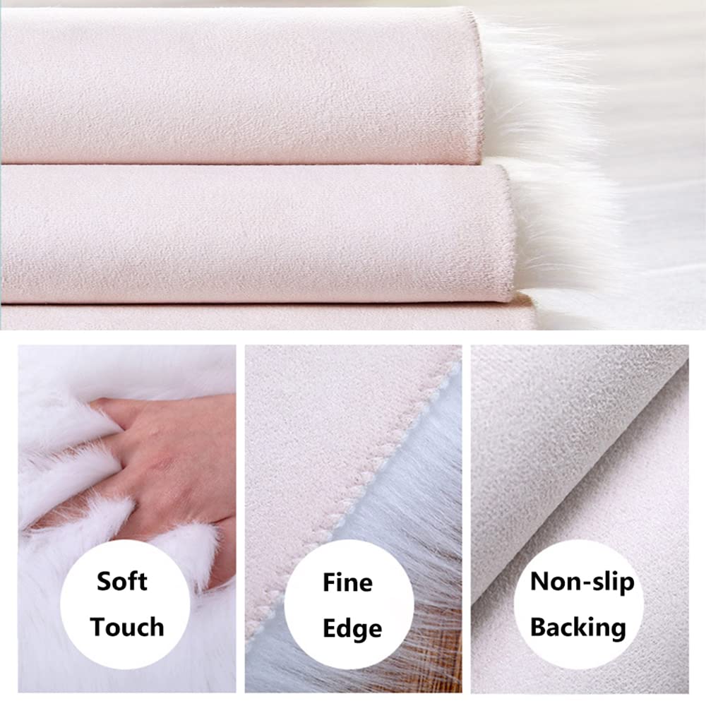 Qioly White Faux Fur Plush Cushion Fluffy Small Area Ru