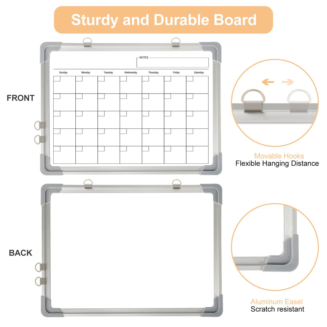 Monthly Calendar Dry Erase Whiteboard for Wall, 16 x 12 Magnetic WhiteBoard, Portable Hanging Double-Sided White Board for Office Drawing Kitchen Planning Memo, School Home Memo to Do List