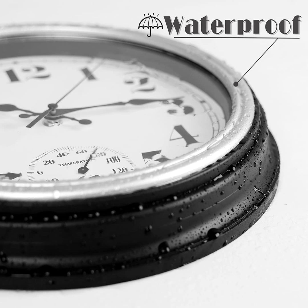 12 Inch Indoor/Outdoor Retro Waterproof Wall Clock with Thermometer Silent Round Quartz Battery Operated Easy to Read Decorative for Kitchen Patio,Bathroom,Deck,Porch,Pool(Silver)
