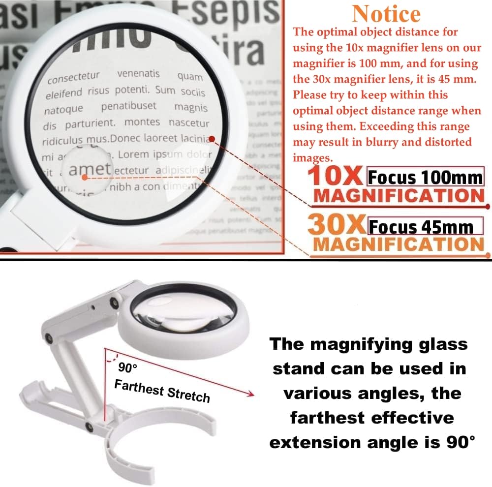 30X 10X Magnifying Glass with Light and Stand, Foldable Handheld Magnifying Glass & 2 Level Dimmable for Close Work, Macular Degeneration, Seniors Reading, Powered by Battery or USB