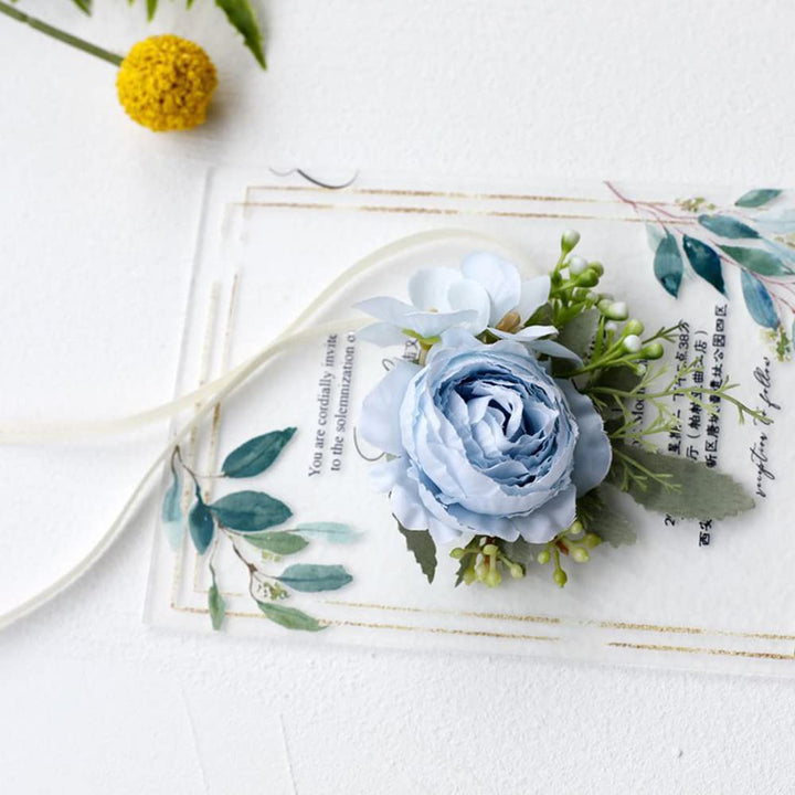 2Pcs Artificial Flowers Wrist Corsage and Boutonniere Set, Groom Groomsmen Bride Bridesmaids Wedding Flowers Accessories Prom Party Suit Decorations - Light Blue