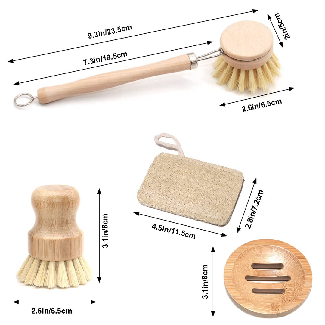 Natural Kitchen Cleaning Brush Set, 4 Pieces, Long Wood