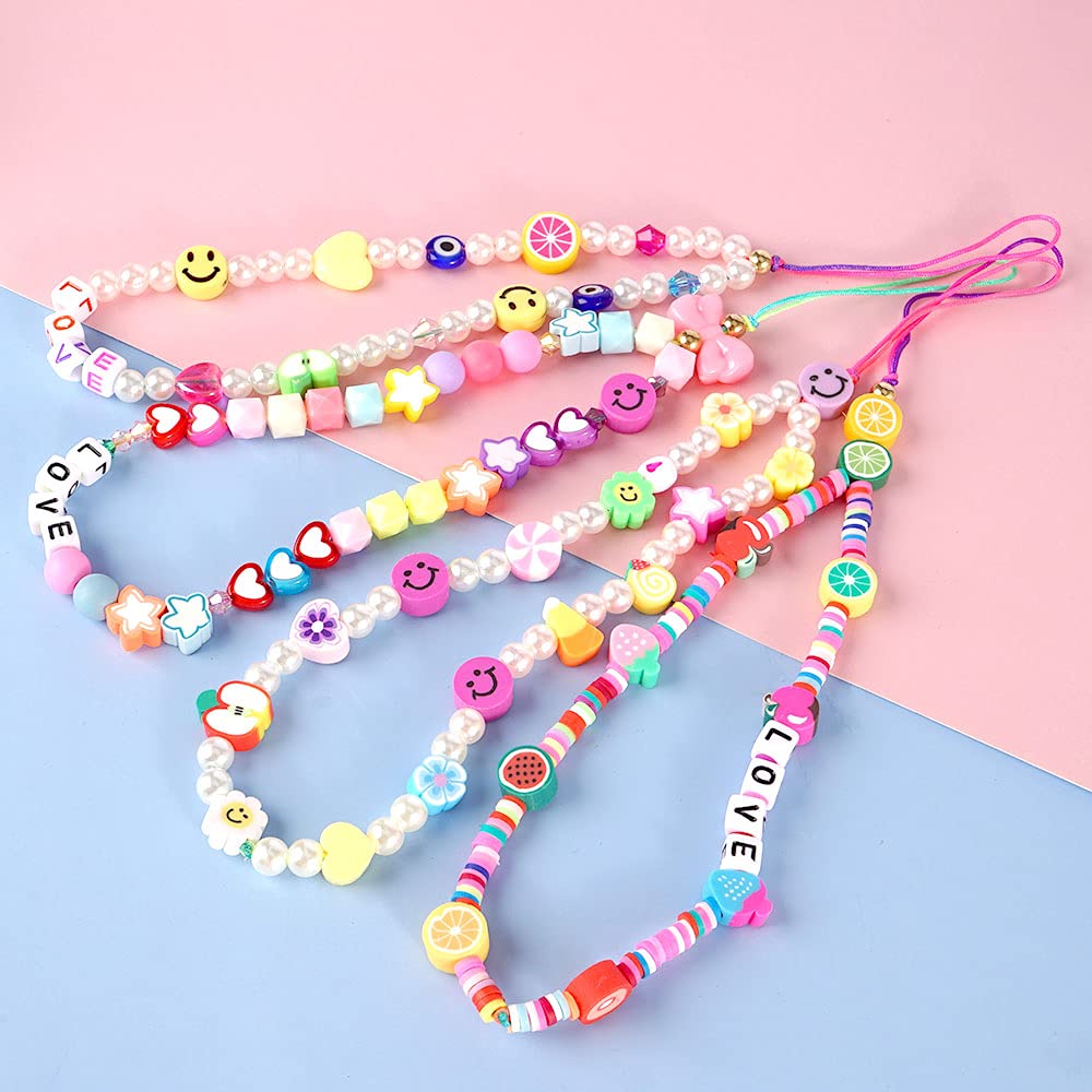 Beaded Phone Charm Strap, 4 Pcs Handmade Phone Chain Phone Bracelet Lanyard Wrist Fruit Star Pearl Rainbow Color Beaded for Women Summer Beach Accessory