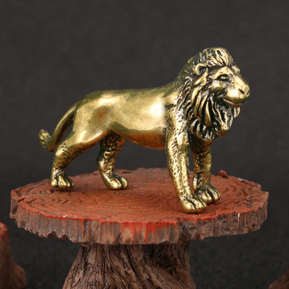 Retro Brass Lion Figurine Feng Shui Lion Statues Good Luck Wealth Collectible Figurines Lion Ornament Miniature Animal Sculpture for Home Desktop Decor Golden