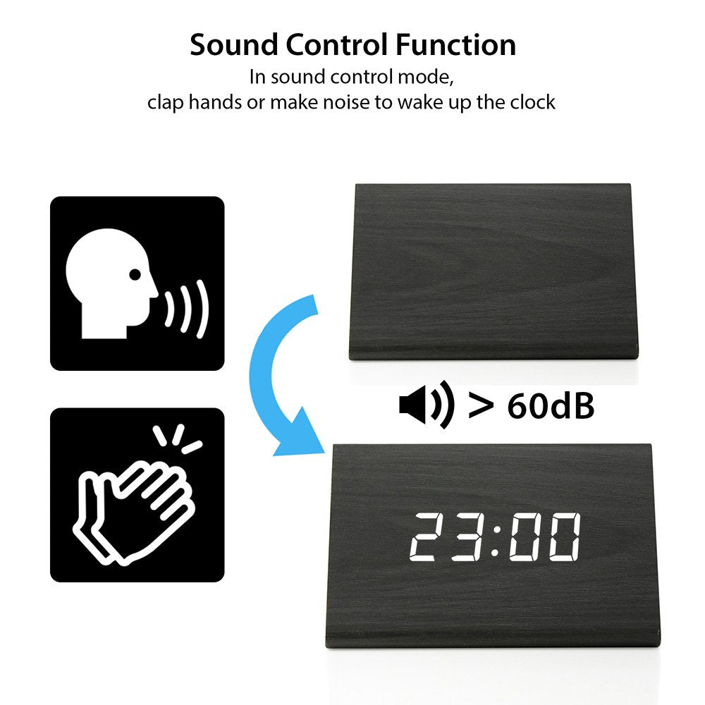 Wooden Wood Clock, New Version LED Alarm Digital Desk Clock Adjustable Brightness, Alarm Time, Displays Time Date Temperature - Black
