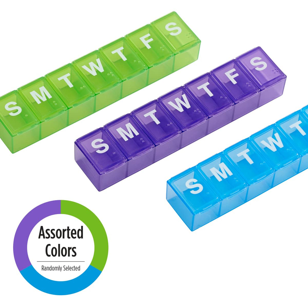 EZY Dose 7-day Pill Reminder, Large Size: 6 Inches L X 1 3/8 Inches W X 7/8 Inches H - Color Will Vary
