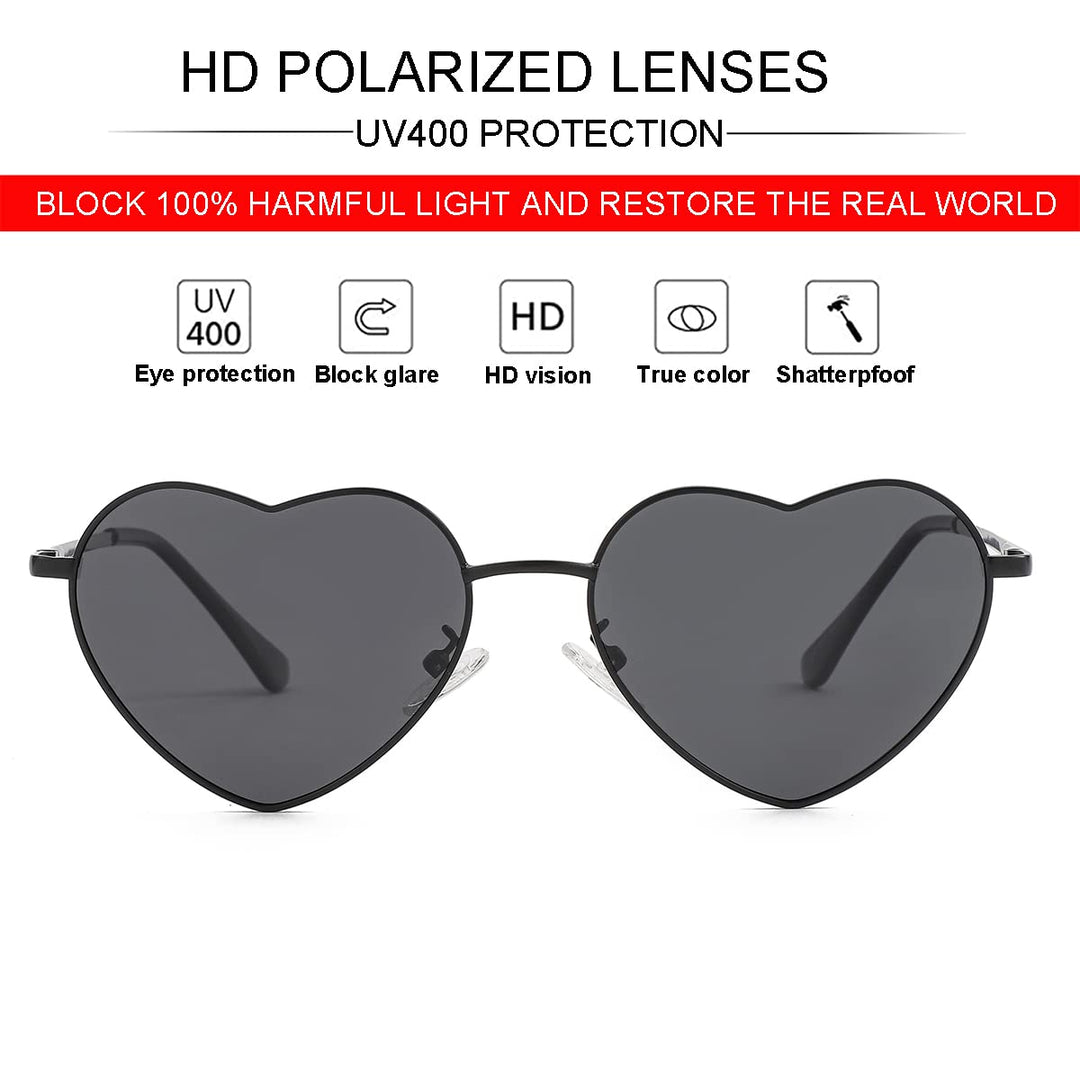 Polarized Heart Sunglasses for Women Fashion Lovely Style Metal Frame UV400 Protection Lens (Black/Grey)
