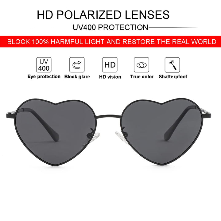 Polarized Heart Sunglasses for Women Fashion Lovely Style Metal Frame UV400 Protection Lens (Black/Grey)