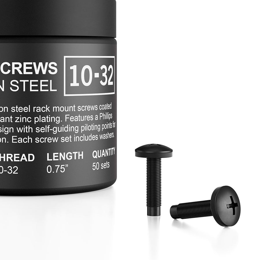 Carbon Steel 10/32 Rack Screws and Nylon Washers. 50-Piece Set for Equipment Server Racks, enclosures, and cabinets.