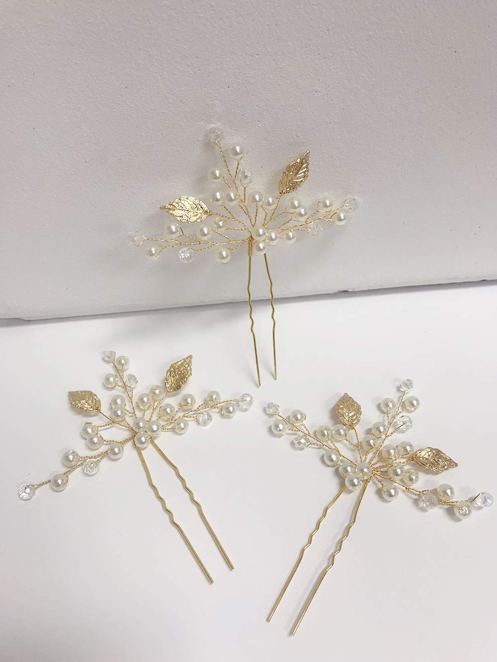 Bride Gold,Silver,Rose gold Leaves Hair Pins Wedding Hair Pins Clips Rhinestone Bridal Hair Piece Hair Accessories for Women Set of 3 (Gold)