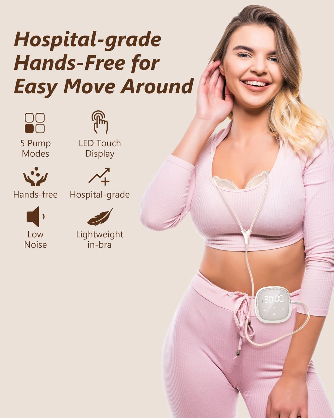Wearable Electric Breast Pumps, Hands-Free Breastfeeding Pump, BPA Free Nursing Double Breast Milk Pumps with 5 Modes &amp; Touch Panel, LED Display, Split Designed, 21MM/24MM Insert Funnels