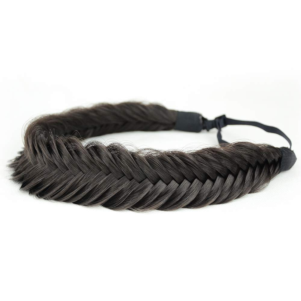 Wide Fishtail Headband for Women Synthetic Hair Plaited Braids Elastic Stretch Fishtail Headband (Deep Brown)