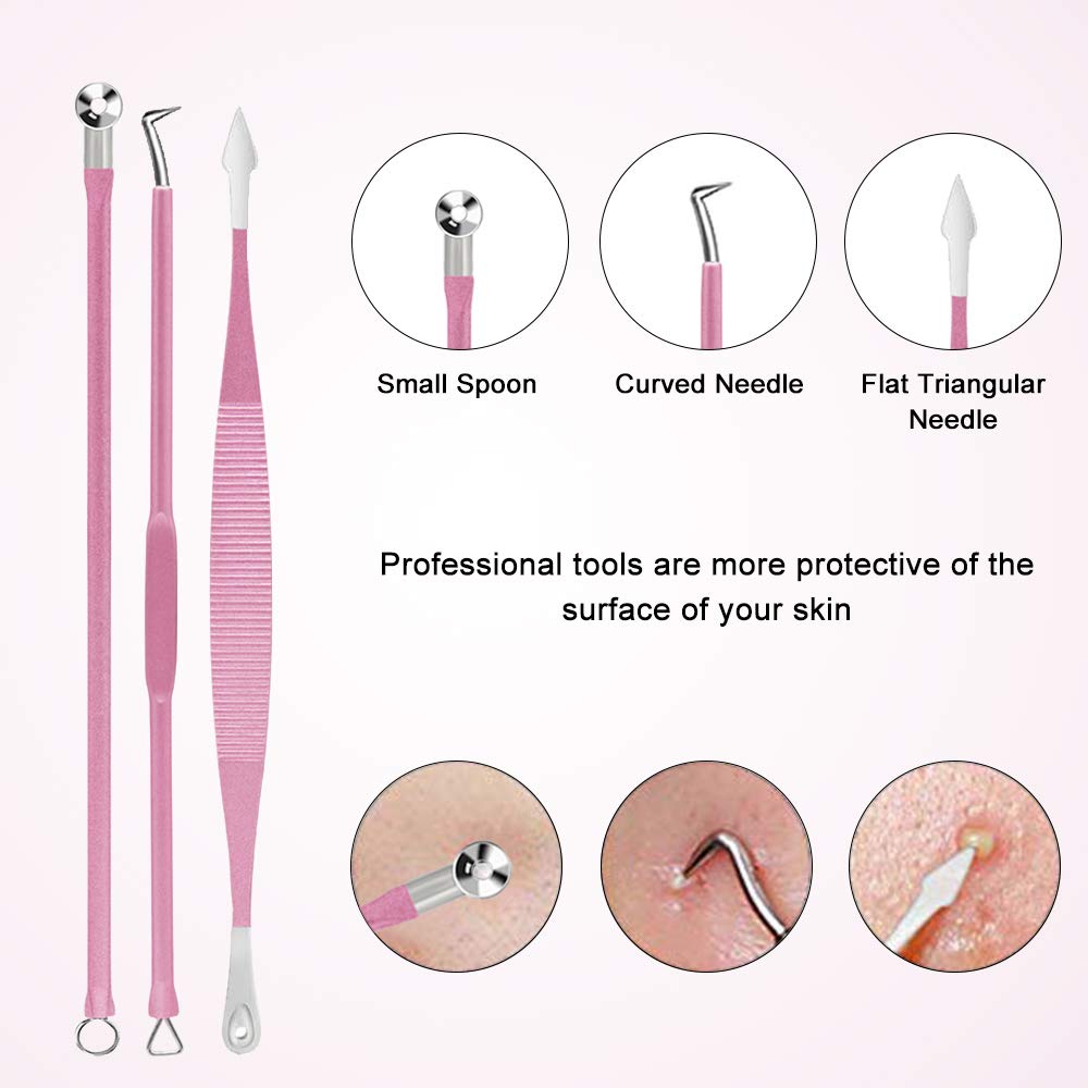 Blackhead Remover Tool, 10Pcs Professional Pimple Popper Tool Kit - Easy Removal for Whitehead Popping, Zit Removing for Risk Free Nose Face, Anti-Slip Coating Handle(Pink)
