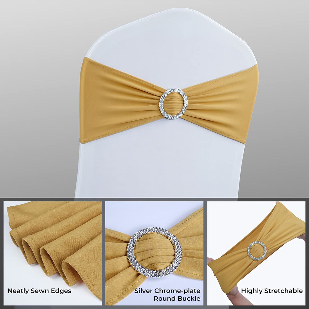 Spandex Chair Sashes Bows 50PCS Premium Stretch Chair Cover Band with Buckle Slider Universal Elastic Chair Ties for Wedding Party Ceremony Reception Banquet Decoration (Gold)