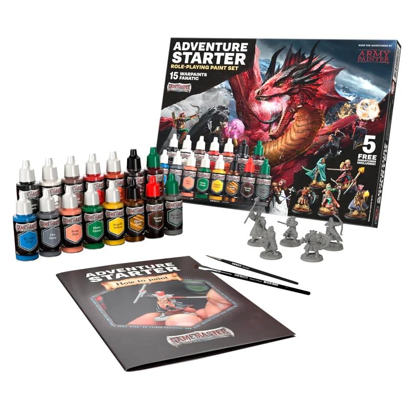 - GameMaster Adventure Starter Paint Set Combo - 15 Fanatic Warpaints 18 ml -10 Acrylic Paints, 2 Effects, 2 Metallic, 1 Wash, 5 Miniature Figures, Starter & Medium Drybrush and Guide