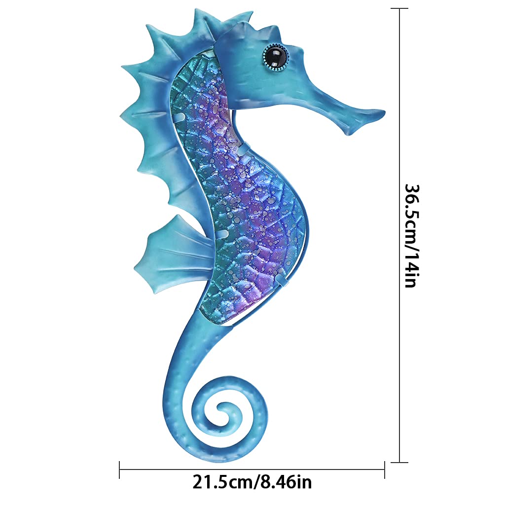 Seahorse Wall Decor 14 Inches, Nautical Metal Wall Art, Marine Life Wall Hanging Sculpture for Garden Fence, Patio, Bathroom (Blue)