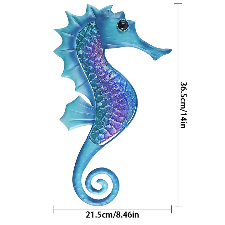 Seahorse Wall Decor 14 Inches, Nautical Metal Wall Art, Marine Life Wall Hanging Sculpture for Garden Fence, Patio, Bathroom (Blue)