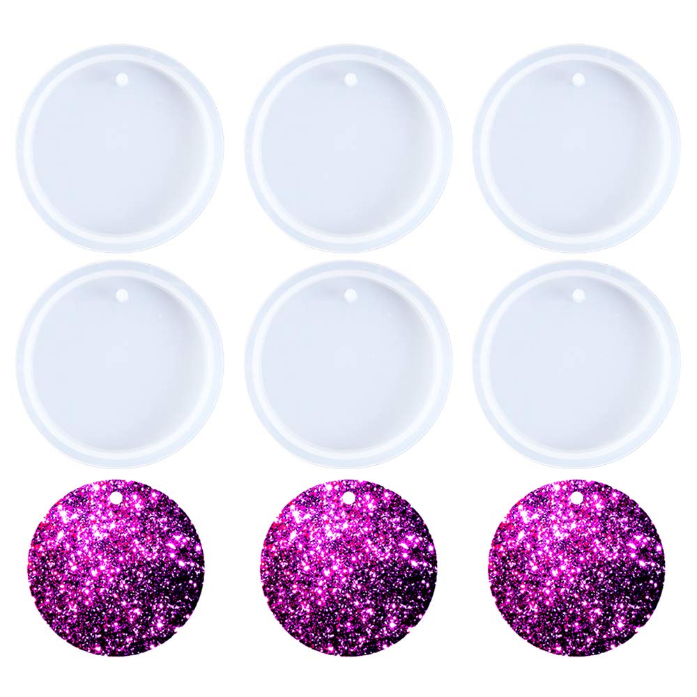 Round Keychain Silicone Mold Circle Keychain Charms Epoxy Resin Molds Casting Molds with Hole for DIY Crafts Making Large Size 6 Pcs