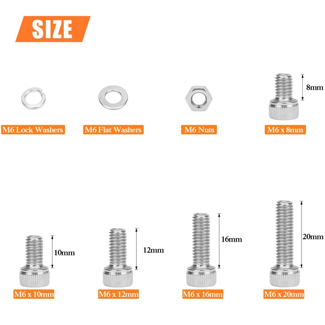 140 Pieces M6 x 8mm /10mm /12mm /16mm /20mm, Hex Socket Head Cap Metric Screws Bolts Washers Nuts Kit, 304 Stainless Steel