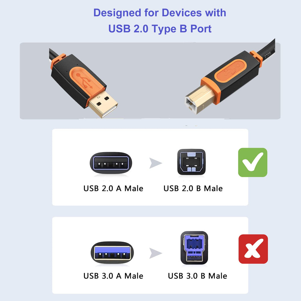 Printer Cable 25 ft, USB Printer Cable USB 2.0 Type A Male to Type B Male Scanner Printer Cord Compatible with HP, Canon, Lexmark, Epson, Dell, Xerox, Samsung etc